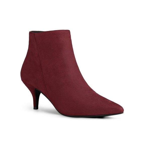 BLISSFUL STEP Women's Ankle Boots Kitten Heel Pointed Toe Side Zip Faux Suede Boots Burgundy 8