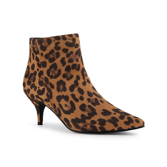 BLISSFUL STEP Women's Ankle Boots Kitten Heel Pointed Toe Side Zip Faux Suede Boots Leopard 8