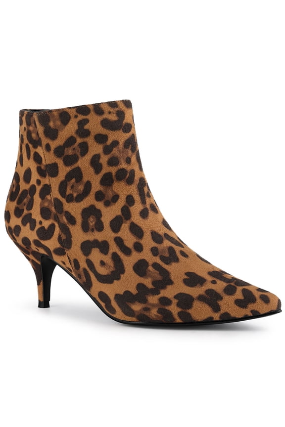 Women's Ankle Boots Kitten Heel Pointed Toe Side Zip Faux Suede Boots Leopard 8