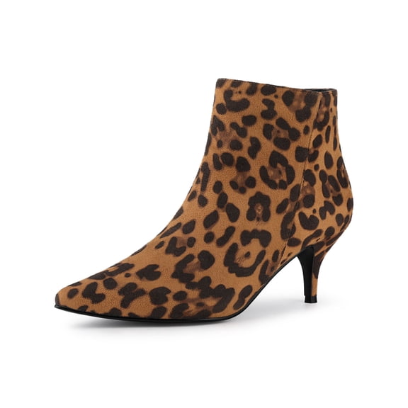 BLISSFUL STEP Women's Ankle Boots Kitten Heel Pointed Toe Side Zip Faux Suede Boots Leopard 6