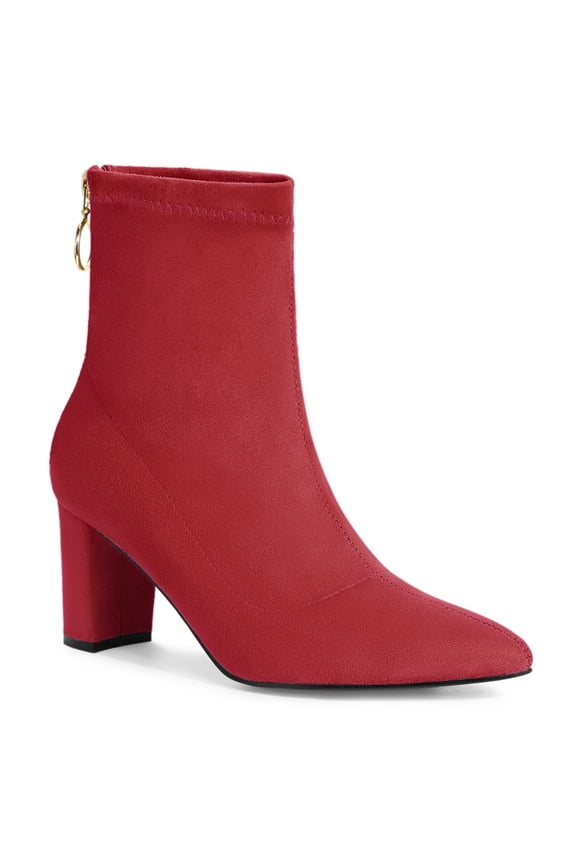 Women's Ankle Boots  Plaid Pointed Toe Block Heel Back Zipper Booties Red 8