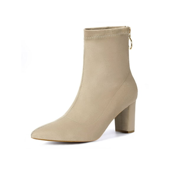 BLISSFUL STEP Women's Ankle Boots Plaid Pointed Toe Block Heel Back Zipper Booties Beige 8