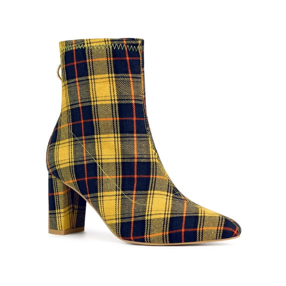BLISSFUL STEP Women's Ankle Boots Plaid Pointed Toe Block Heel Back Zipper Booties Yellow Blue 9