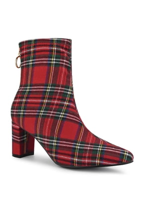 Women's Ankle Boots Plaid Pointed Toe Block Heel Back Zipper Booties Red Houndstooth 9
