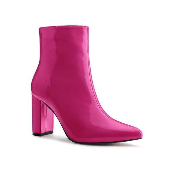 BLISSFUL STEP Valentine's Women's Boots Pointed Toe Zipper Patent Leather Ankle Chunky Boots Hot Pink 8
