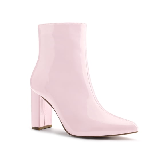 BLISSFUL STEP Valentine's Women's Boots Pointed Toe Zipper Patent Leather Ankle Chunky Boots Pink 6