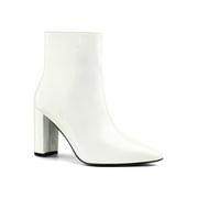 BLISSFUL STEP Women's Boots Pointed Toe Zipper Patent Leather Ankle Chunky Boots White 7