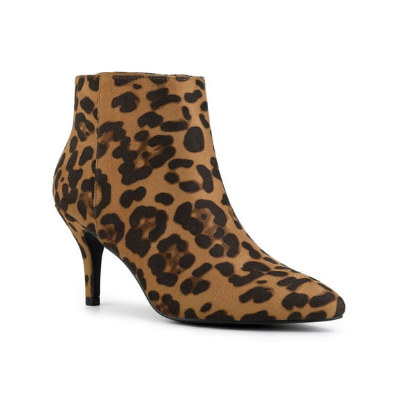 BLISSFUL STEP Women's Pointed Toe Zipper Stiletto Heels Ankle Boots Leopard 9