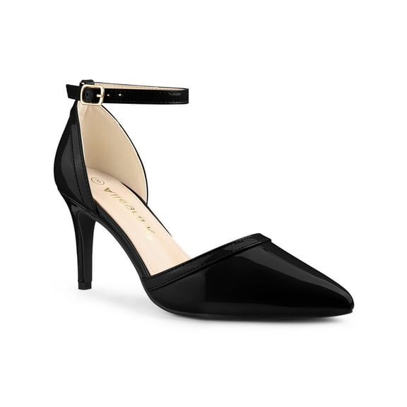 BLISSFUL STEP Women's Pointy Toe Ankle Strap Stiletto Heels Pumps Black 7