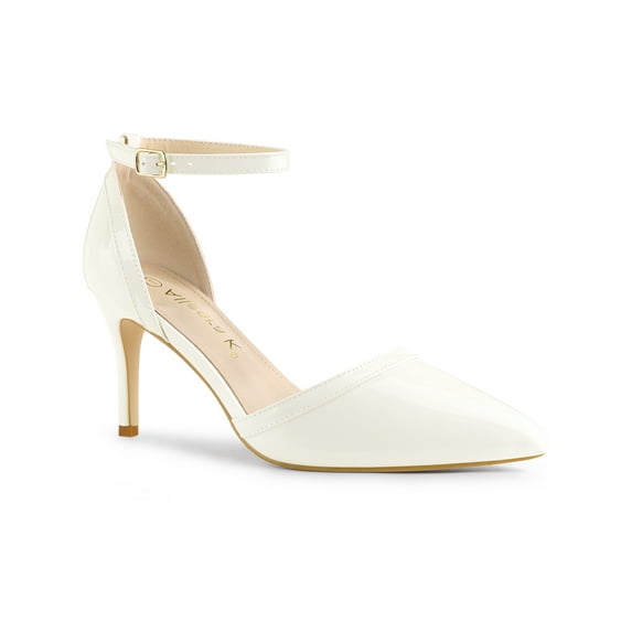 BLISSFUL STEP Women's Pointy Toe Ankle Strap Stiletto Heels Pumps White 10