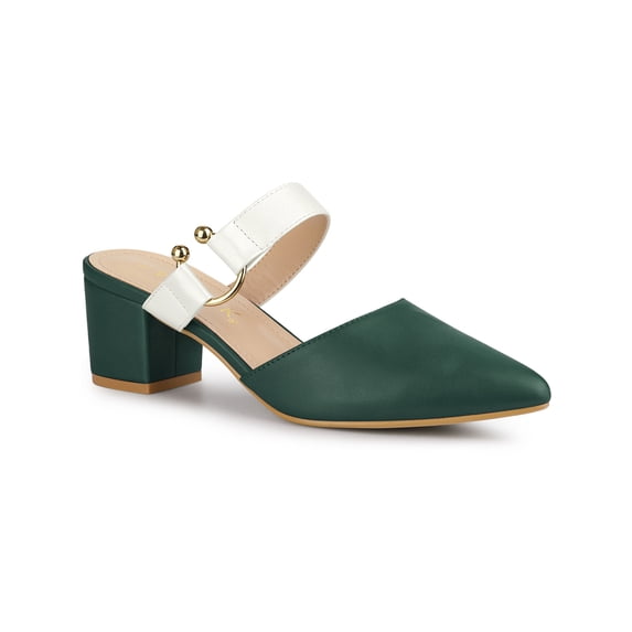 BLISSFUL STEP Women's Pointy Toe Block Heel Dress Mules Pumps Green White 7