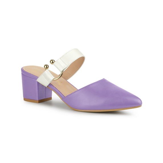 BLISSFUL STEP Women's Pointy Toe Block Heel Dress Mules Pumps Purple White 5