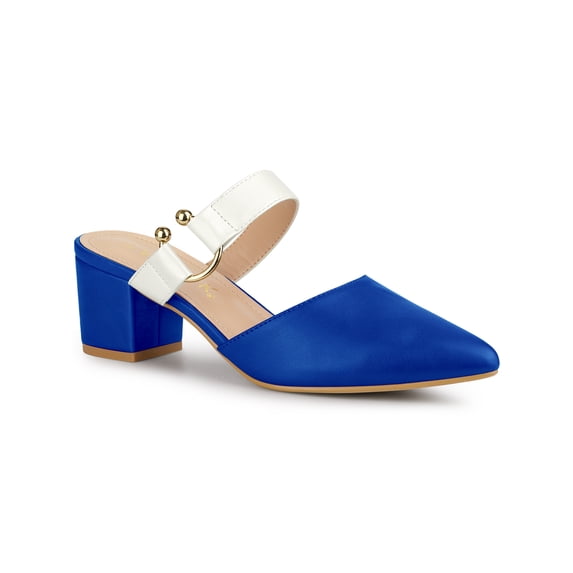 BLISSFUL STEP Outfit Women's Pointy Toe Block Heel Dress Mules Pumps Blue White 8