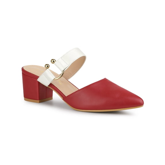 BLISSFUL STEP Women's Pointy Toe Block Heel Dress Mules Pumps Red White 9