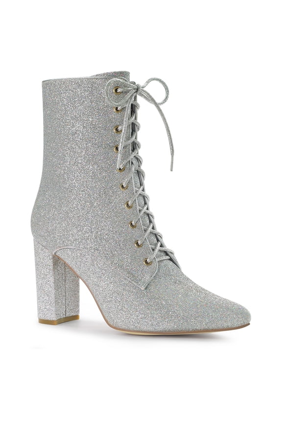 Women's Pointy Toe Block Heel Glitter Ankle Boots Silver 10
