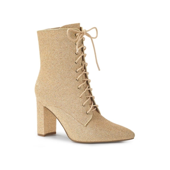 BLISSFUL STEP Women's Pointy Toe Block Heel Glitter Ankle Boots Gold 9