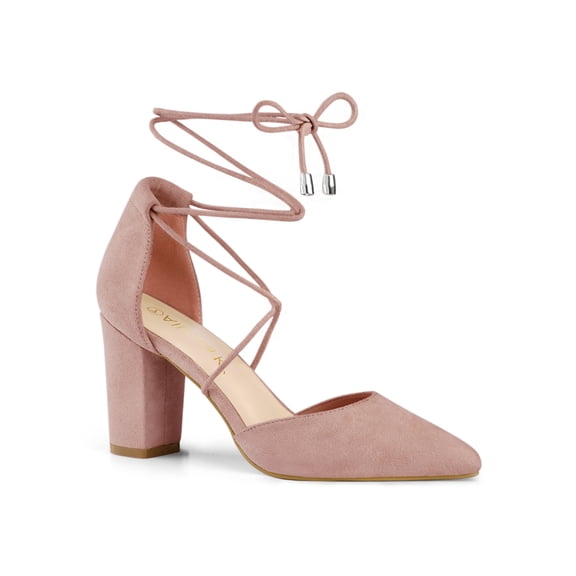 BLISSFUL STEP Women's Pointy Toe Block Heels Lace Up Pumps