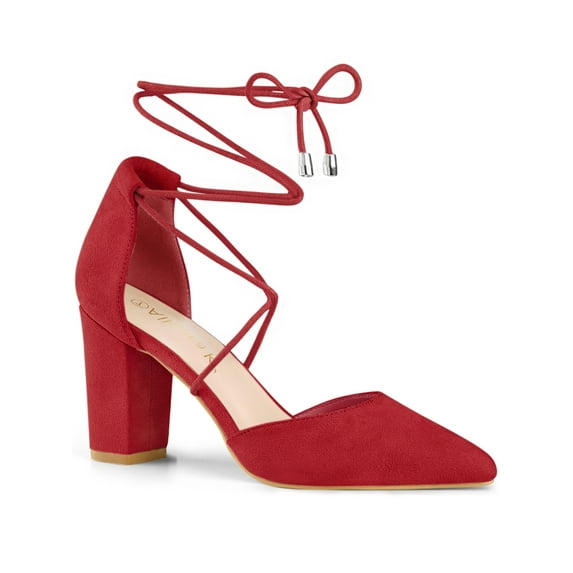 BLISSFUL STEP Women's Pointy Toe Block Heels Lace Up Pumps