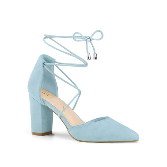 BLISSFUL STEP Women's Pointy Toe Block Heels Lace Up Pumps