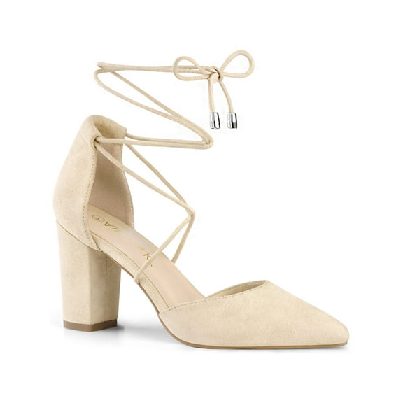 BLISSFUL STEP Women's Pointy Toe Block Heels Lace Up Pumps