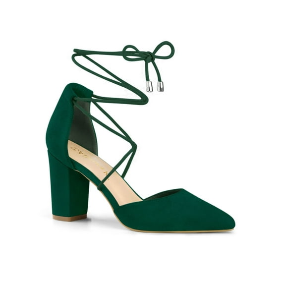 BLISSFUL STEP Women's Pointy Toe Block Heels Lace Up Pumps