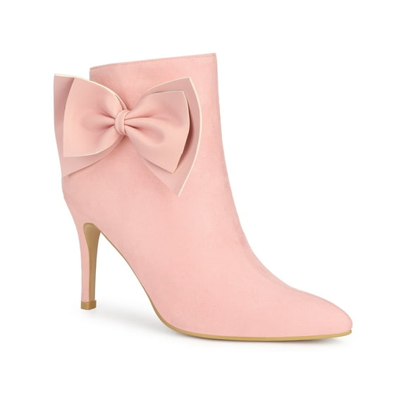 BLISSFUL STEP Women's Ankle Boots Faux Suede Bow Decor Stiletto Heel Pointed Toe Side Zip Booties  Pink 6