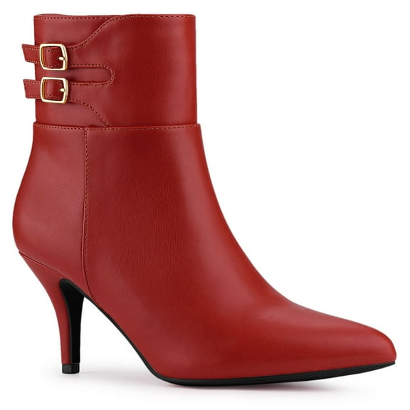 BLISSFUL STEP Women's Pointy Toe Buckle Stiletto Heels Ankle Boots Red 9