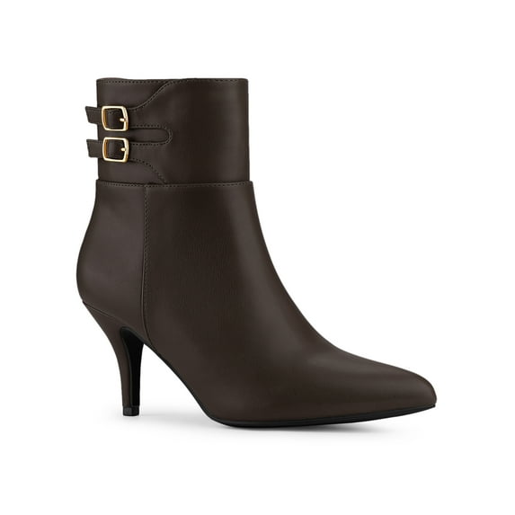 BLISSFUL STEP Women's Pointy Toe Buckle Stiletto Heels Ankle Boots Coffee 7