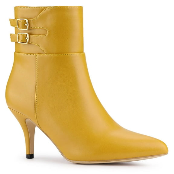 BLISSFUL STEP Women's Pointy Toe Buckle Stiletto Heels Ankle Boots Yellow 10