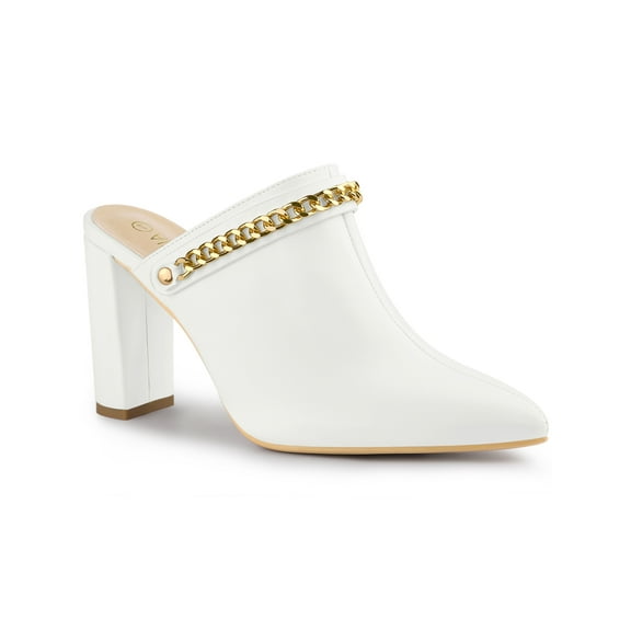 BLISSFUL STEP Women's Pointy Toe Chain Block Heel Sandals Mules