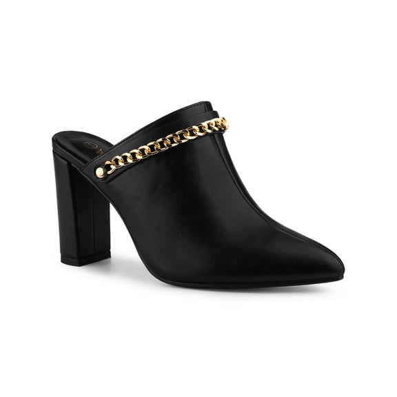 BLISSFUL STEP Women's Pointy Toe Chain Block Heel Sandals Mules