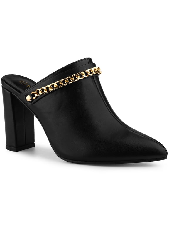 Women's Chain Slip on Block Heel Sandals Mules Black (Size 8.5)