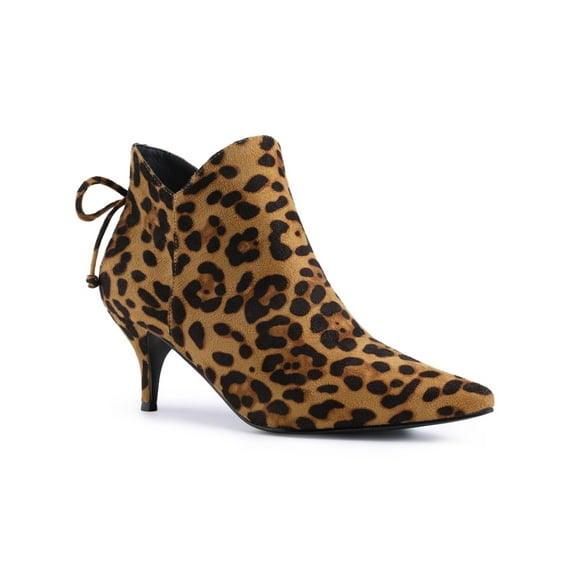 BLISSFUL STEP Women's Ankle Boots Pointed Toe Kitten Heel Faux Suede Dress Side Zipper Boots Leopard 6.5
