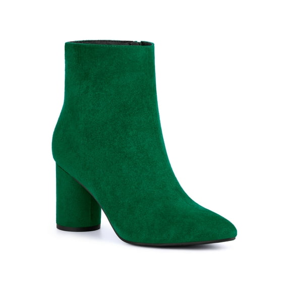 BLISSFUL STEP Women's Pointy Toe Side Zip Block Heel Ankle Boots Emerald Green 5.5