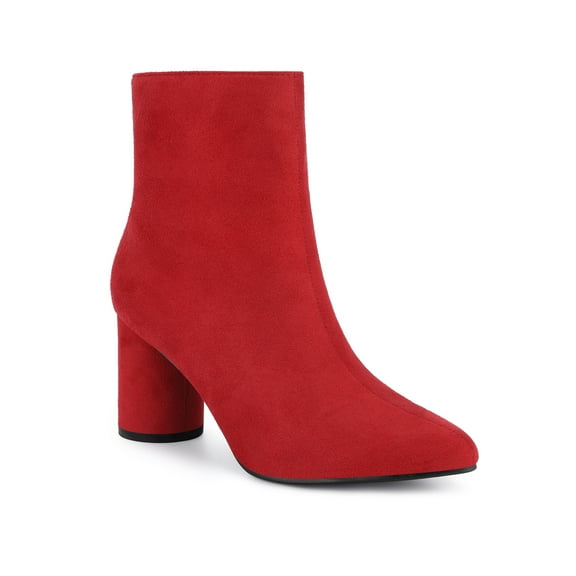 BLISSFUL STEP Women's Pointy Toe Side Zip Block Heel Ankle Boots Red 7