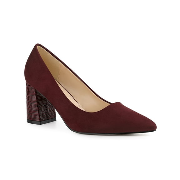 BLISSFUL STEP Women's Shoes Pointy Toe Slip-on Faux Suede Block Heel Pumps  Burgundy 6