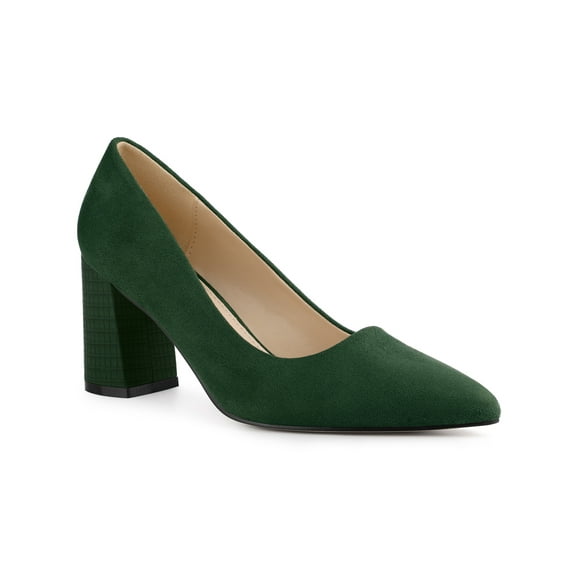 BLISSFUL STEP Women's Shoes Pointy Toe Slip-on Faux Suede Block Heel Pumps Green 7.5