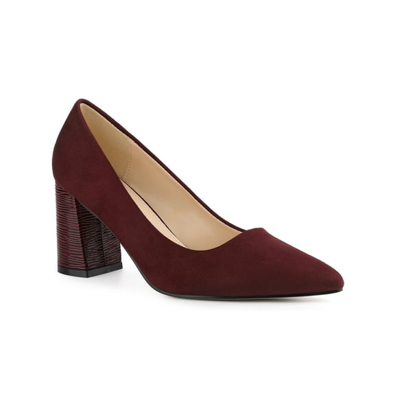 BLISSFUL STEP Women's Shoes Pointy Toe Slip-on Faux Suede Block Heel Pumps  Burgundy 8.5