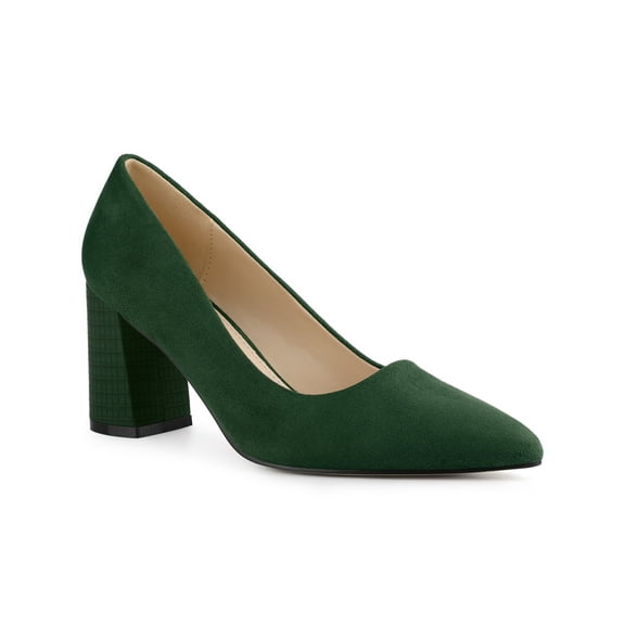 BLISSFUL STEP Women's Shoes Pointy Toe Slip-on Faux Suede Block Heel Pumps Green 8.5