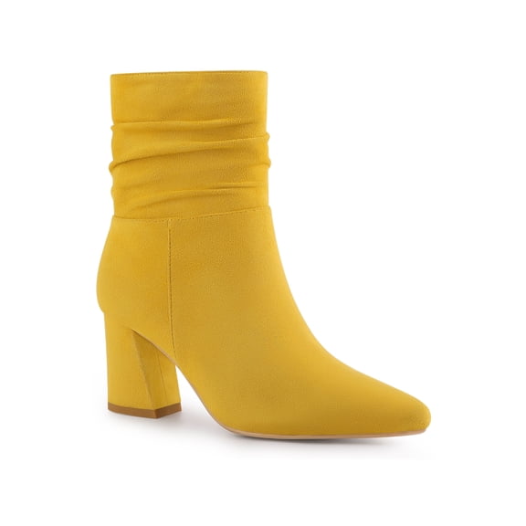 BLISSFUL STEP Women's Ankle Boots Slouch Pointy Toe Chunky Heel Side Zip Faux Suede Booties Yellow 8