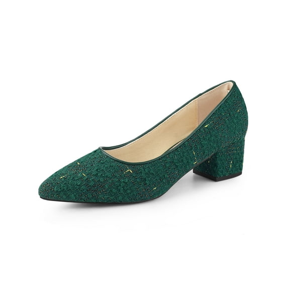 BLISSFUL STEP Women's Pointy Toe Tweed Plaid Knitted Printing Block Heels Pumps Green 9