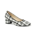 thumbnail image 1 of BLISSFUL STEP Inspired Women's Pointy Toe Tweed Plaid Knitted Printing Block Heels Pumps Black White 8, 1 of 7
