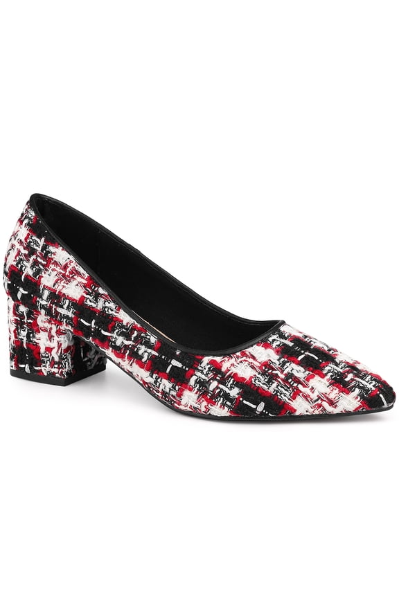 Women's Pointy Toe Tweed Plaid Knitted Printing Block Heels Pumps Red Black 11