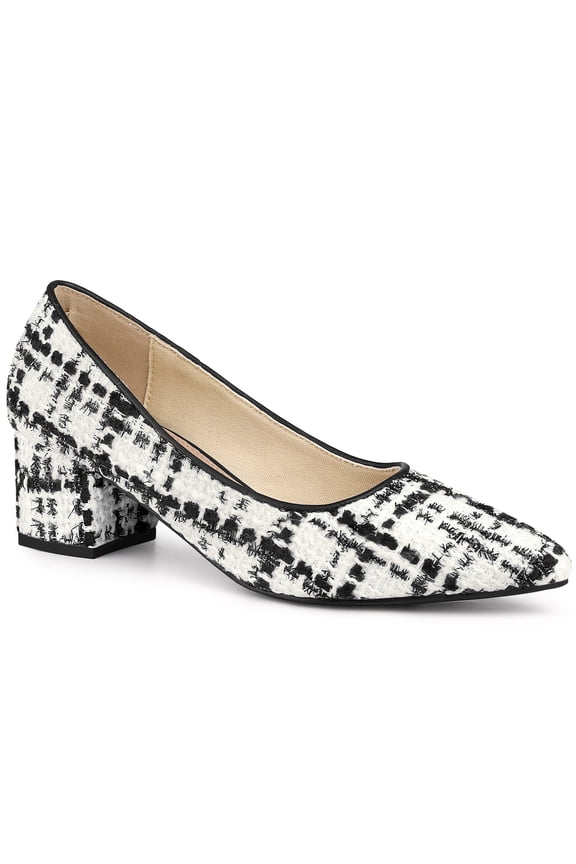 Edition Women's Pointy Toe Tweed Plaid Knitted Printing Block Heels Pumps Black White 9