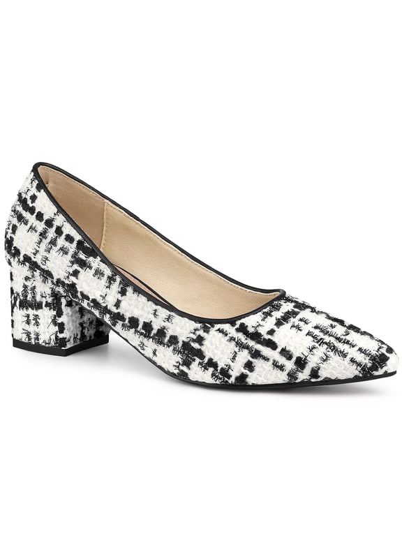 Women's Pointy Toe Tweed Plaid Knitted Printing Block Heels Pumps Black White 7