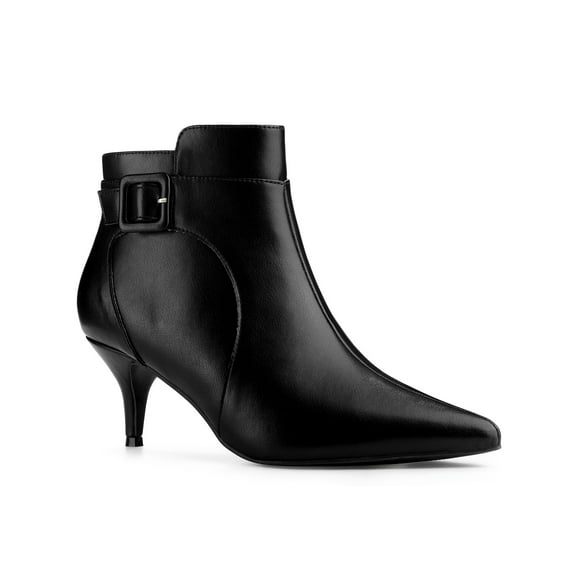 BLISSFUL STEP Women's Pointy Toe Zipper Buckle Decor Kitten Heels Ankle Boots Black 7