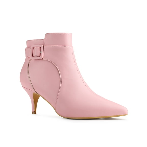BLISSFUL STEP Women's Pointy Toe Zipper Buckle Decor Kitten Heels Ankle Boots Pink 7