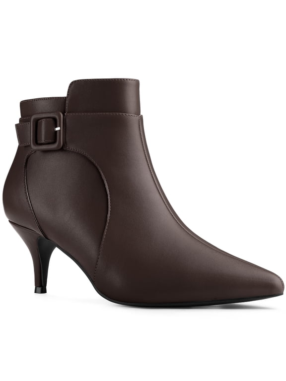 Women's Heels Kitten Heel Pointy Toe Side Zip Buckle Decor Ankle Booties Coffee 7