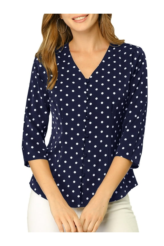 Valentine's Day Women's Blouse V Neck 3/4 Sleeves Polka Dots Button Front Top L Dark Blue