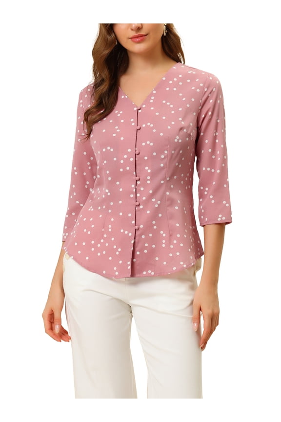 Women's Blouse V Neck 3/4 Sleeves Dots Heart Print Button Front Top M Pink